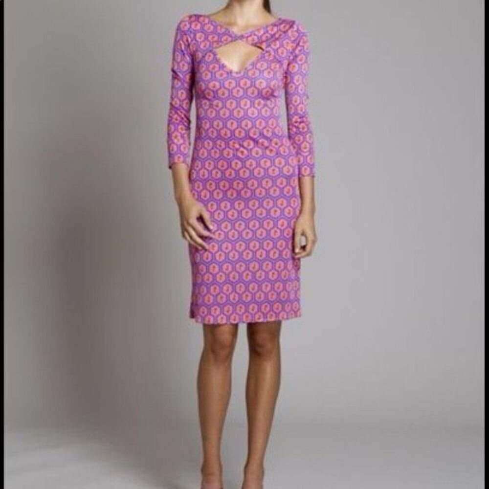 Jules Reid Silk Dress Size Small Pink Logo Print 3/4 Sleeve Keyhole Neck Above K